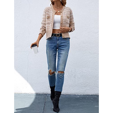 MakeMeChic Women's Cropped Cardigan Pearl Button Down Knit Open Front Sweaters Outerwear Apricot L Apricot S