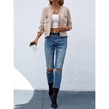 MakeMeChic Women's Cropped Cardigan Pearl Button Down Knit Open Front Sweaters Outerwear Apricot L Apricot S