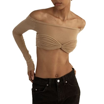 Women Off Shoulder Shirt Y2K Long Sleeve Slim Fit Top Tee Sexy Streetwear Blouse Tops（ZB-Khaki,S