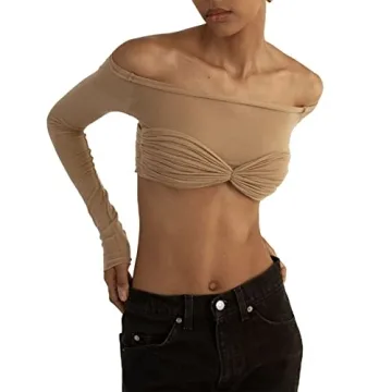 Women Off Shoulder Shirt Y2K Long Sleeve Slim Fit Top Tee Sexy Streetwear Blouse Tops（ZB-Khaki,S