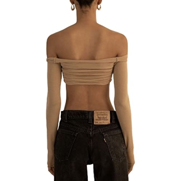 Women Off Shoulder Shirt Y2K Long Sleeve Slim Fit Top Tee Sexy Streetwear Blouse Tops（ZB-Khaki,S