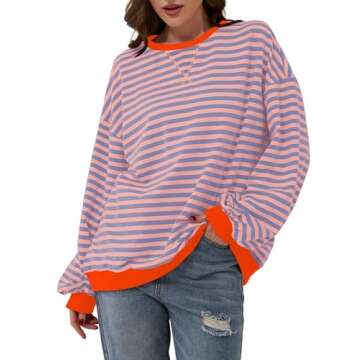Labolliy Women Striped Oversized Sweatshirt Color Block Crew Neck Long Sleeve Shirt Casual Pullover Top Fall Y2K Clothes Pink Blue