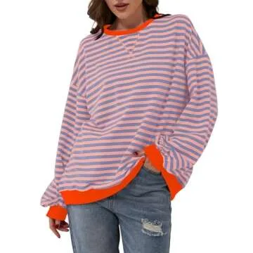 Labolliy Women Striped Oversized Sweatshirt Color Block Crew Neck Long Sleeve Shirt Casual Pullover Top Fall Y2K Clothes Pink Blue