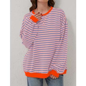 Labolliy Women Striped Oversized Sweatshirt Color Block Crew Neck Long Sleeve Shirt Casual Pullover Top Fall Y2K Clothes Pink Blue