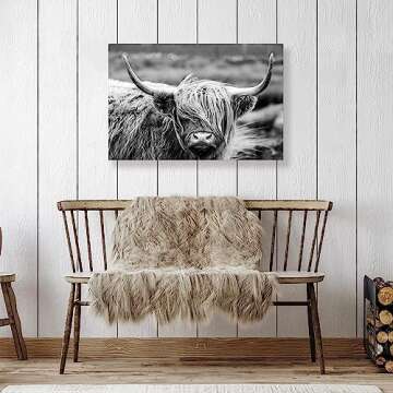 SEVEN WALL ARTS Scottish Highland Cow Canvas Wall Art Black and White Wall Decor Cattle Picture Print Photography Wildlife Animal Portrait Framed Farmhouse Artwork for Living Room Bedroom Office Decor