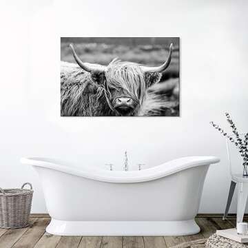 SEVEN WALL ARTS Scottish Highland Cow Canvas Wall Art Black and White Wall Decor Cattle Picture Print Photography Wildlife Animal Portrait Framed Farmhouse Artwork for Living Room Bedroom Office Decor