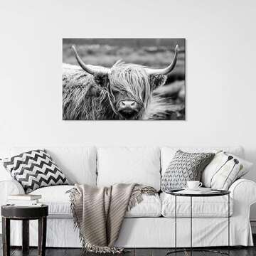 SEVEN WALL ARTS Scottish Highland Cow Canvas Wall Art Black and White Wall Decor Cattle Picture Print Photography Wildlife Animal Portrait Framed Farmhouse Artwork for Living Room Bedroom Office Decor