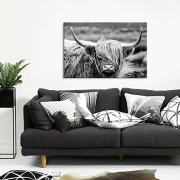 SEVEN WALL ARTS Scottish Highland Cow Canvas Wall Art Black and White Wall Decor Cattle Picture Print Photography Wildlife Animal Portrait Framed Farmhouse Artwork for Living Room Bedroom Office Decor