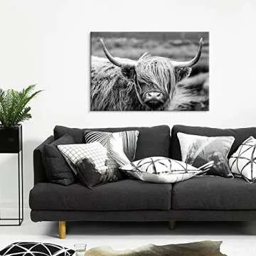 SEVEN WALL ARTS Scottish Highland Cow Canvas Wall Art Black and White Wall Decor Cattle Picture Print Photography Wildlife Animal Portrait Framed Farmhouse Artwork for Living Room Bedroom Office Decor
