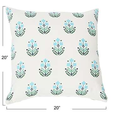 Creative Co-Op 20" Square Floral Print Cotton Pillow, Blue/Green
