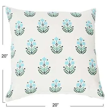 Creative Co-Op 20" Square Floral Print Cotton Pillow, Blue/Green