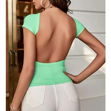 ForeFair Women Sexy Backless Top Open Back Short Sleeve Shirts Cute Slim Fit Crewneck Summer Casual Y2K Tops（Lake Green,XS）