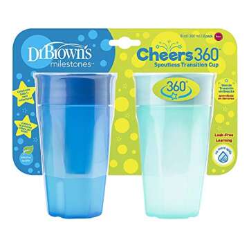 Dr. Brown's Milestones Cheers 360 Training Cup for Toddlers & Babies, Leak-Free Sippy Cup, Blue/Aqua, 10oz/300mL, 9m+, 2 Pack (Colors May Vary)