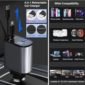 Retractable 4-in-1 Car Charger for Fast Device Charging