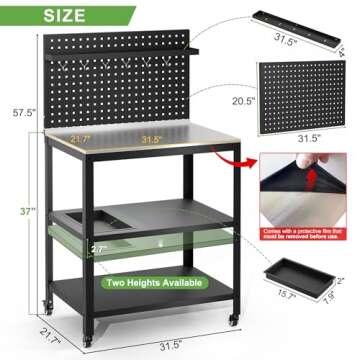 FENCY Outdoor Grill Cart with Wheels, Movable Pizza Oven Cart with Pegboard, 304 Stainless Steel Grill Cart BBQ Cart, Grill Cart with 3 Shelves, 31.5" L x 21.7" W x 57.5" H