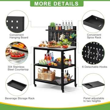 FENCY Outdoor Grill Cart with Wheels, Movable Pizza Oven Cart with Pegboard, 304 Stainless Steel Grill Cart BBQ Cart, Grill Cart with 3 Shelves, 31.5" L x 21.7" W x 57.5" H