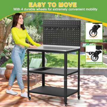 FENCY Outdoor Grill Cart with Wheels, Movable Pizza Oven Cart with Pegboard, 304 Stainless Steel Grill Cart BBQ Cart, Grill Cart with 3 Shelves, 31.5" L x 21.7" W x 57.5" H