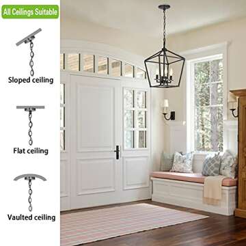 Untrammelife 4-Light Black Lantern Pendant Light, Adjustable Height Square Cage Pendant Hanging Ligh...