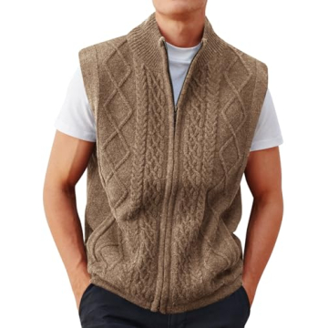 Stylish Runcati Men's Casual Full Zip Sweater Vest - Cable Knit, Brown