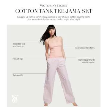 Victoria's Secret Cotton Tank and Long Pajama Pant Set, Sleepwear for Women, Pale Rose Stripes (L)