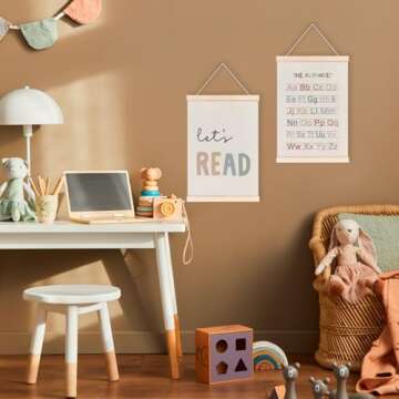 laveliabel Alphabet Numbers Poster Hanger Frame Set of 4, Alphabet ABC Banner Poster with Wood Hanger, Nursery Kids Playroom Wall Decor, Play Sign Wall Art Decor for Toddler Nursery Playroom, 12x16in