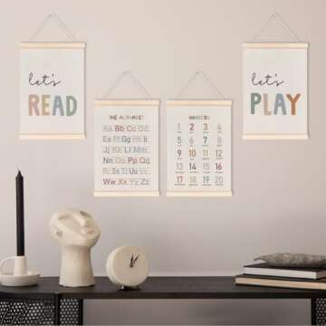 laveliabel Alphabet Numbers Poster Hanger Frame Set of 4, Alphabet ABC Banner Poster with Wood Hanger, Nursery Kids Playroom Wall Decor, Play Sign Wall Art Decor for Toddler Nursery Playroom, 12x16in