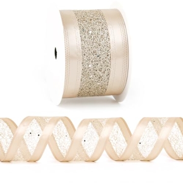 DINDOSAL Champagne Gold Wired Ribbon - 2.5" x 10 Yards for Christmas Crafts, Gift Wrapping, and Home...