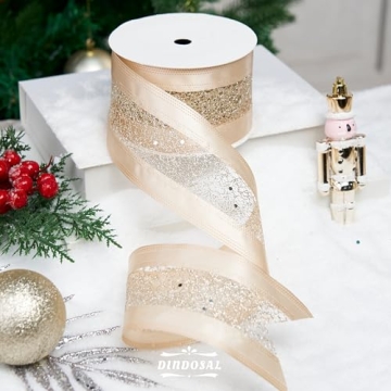 Elegant DINDOSAL Champagne Gold Wired Ribbon for Christmas