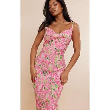 LASPIA Cowl Neck Dress Sexy Strap Shoulder Pleated Maxi Dresses Summer Wedding Guest Dresses for Women,Rose Red,Small