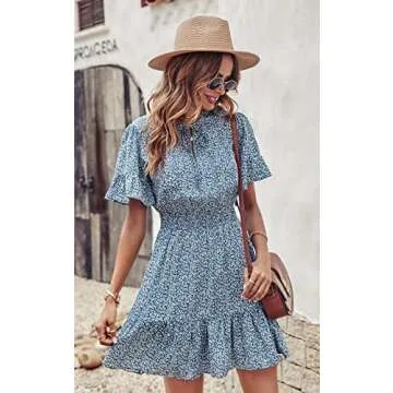 PRETTYGARDEN Women's Summer Boho Dress Casual Short Sleeve Tie V Neck Ruffle Floral Print Mini Skater Dresses (Blue,Small)
