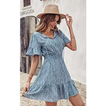 PRETTYGARDEN Women's Summer Boho Dress Casual Short Sleeve Tie V Neck Ruffle Floral Print Mini Skater Dresses (Blue,Small)
