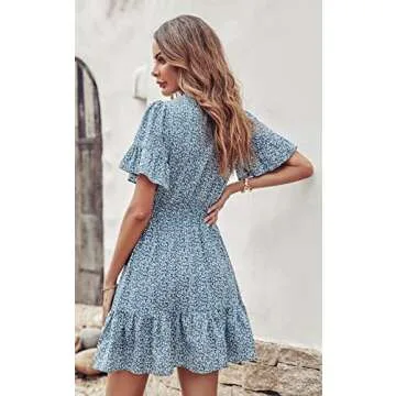 PRETTYGARDEN Women's Summer Boho Dress Casual Short Sleeve Tie V Neck Ruffle Floral Print Mini Skater Dresses (Blue,Small)