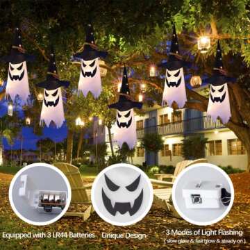Halloween Decorations Outdoor Decor Hanging Lighted Glowing Ghost Witch Hat Halloween Decorations Indoor Outside Ornaments Clearance Halloween Party Lights String for Yard Tree Garden(3Pcs)