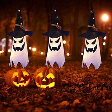 Halloween Decorations Outdoor Decor Hanging Lighted Glowing Ghost Witch Hat Halloween Decorations Indoor Outside Ornaments Clearance Halloween Party Lights String for Yard Tree Garden(3Pcs)