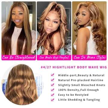 Aicrelery Highlight Ombre 13x6 Lace Front Wig Human Hair Pre Plucked 13x6 HD Transparent 4/27 Honey Blonde lace frontal Wigs with Baby Hair 180% Density Body Wave Lace Front wig for Women 22 Inch