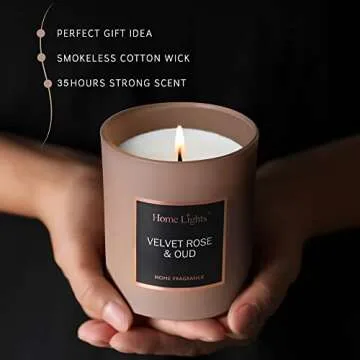 HomeLights Luxury Scented Candle, Natural Soy Wax, Home Fragrance Decor Gift, Velvet Rose & Oud, Medium Jar