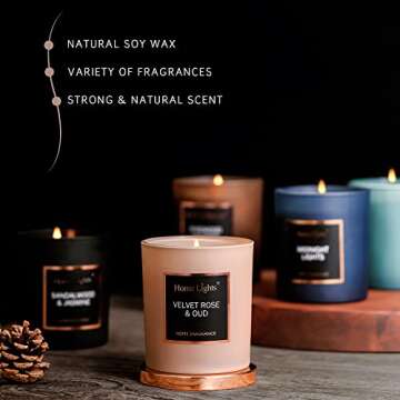 HomeLights Luxury Scented Candle, Natural Soy Wax, Home Fragrance Decor Gift, Velvet Rose & Oud, Medium Jar
