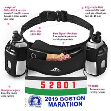 ANMRY Running Belt with Water Bottle,Running Hydration Belt Waist Packs Bag with Adjustable Belt | 2 Pockets | 2 10OZ Water Bottles for Running Hiking Cycling Marathon for 6.5 Inch Smartphones-Black