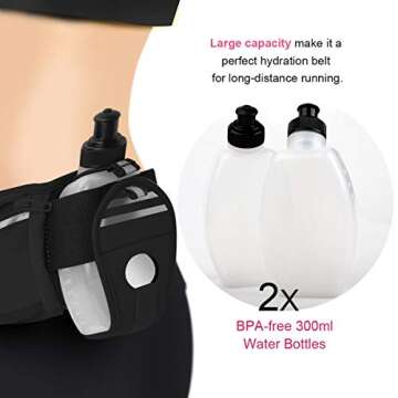 ANMRY Running Belt with Water Bottle,Running Hydration Belt Waist Packs Bag with Adjustable Belt | 2 Pockets | 2 10OZ Water Bottles for Running Hiking Cycling Marathon for 6.5 Inch Smartphones-Black