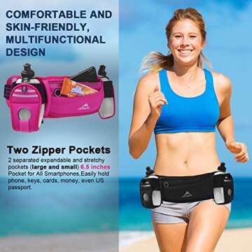 ANMRY Running Belt with Water Bottle,Running Hydration Belt Waist Packs Bag with Adjustable Belt | 2 Pockets | 2 10OZ Water Bottles for Running Hiking Cycling Marathon for 6.5 Inch Smartphones-Black