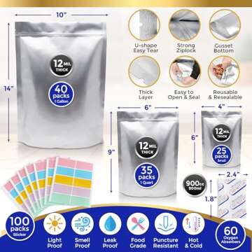 Pinhole Resistant 100 Mylar Bags With 60 Oxygen Absorbers 900cc- 12 Mil Thick With Nylon Bottom Agai...