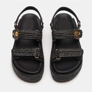 DOEYG Raffia Platform Wedge Sandals for Women Woven Slingback Platform Sandals Comfortable Open Toe Summer Straw Beach Sandals Espadrille Flatform Slide Sandals Black Size 8