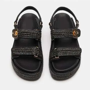 DOEYG Raffia Platform Wedge Sandals for Women Woven Slingback Platform Sandals Comfortable Open Toe Summer Straw Beach Sandals Espadrille Flatform Slide Sandals Black Size 8