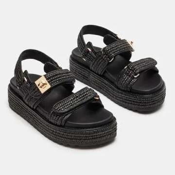 DOEYG Raffia Platform Wedge Sandals for Women Woven Slingback Platform Sandals Comfortable Open Toe Summer Straw Beach Sandals Espadrille Flatform Slide Sandals Black Size 8