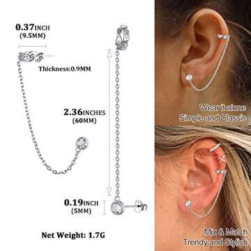 ChicSilver Small Cubic Zirconia Stud Earrings - Celtic Knot Ear Cuff Earrings Chain Sterling Silver Hypoallergenic CZ Earrings Studs Crystal Wrap Earrings for Women Crawler Earrings
