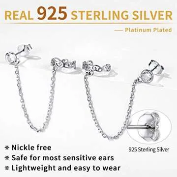 ChicSilver Small Cubic Zirconia Stud Earrings - Celtic Knot Ear Cuff Earrings Chain Sterling Silver Hypoallergenic CZ Earrings Studs Crystal Wrap Earrings for Women Crawler Earrings