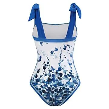 2 Piece Swimsuits for Women: Floral One Piece Swimwear with Beach Cover up Wrap Skirt Bikini Sets Summer Tropical Outfits Bathing Suits Sarong Coverups Monokini White + Blue Floral Medium