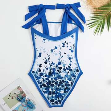2 Piece Swimsuits for Women: Floral One Piece Swimwear with Beach Cover up Wrap Skirt Bikini Sets Summer Tropical Outfits Bathing Suits Sarong Coverups Monokini White + Blue Floral Medium