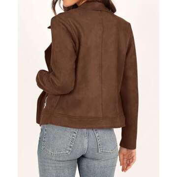 KIRUNDO Women's 2024 Fall Faux Suede Biker Moto Jacket Fashion Long Sleeve Zipper Short Casual Coats With Pockets(Coffee, X-Large)