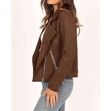 KIRUNDO Women's 2024 Fall Faux Suede Biker Moto Jacket Fashion Long Sleeve Zipper Short Casual Coats With Pockets(Coffee, X-Large)
